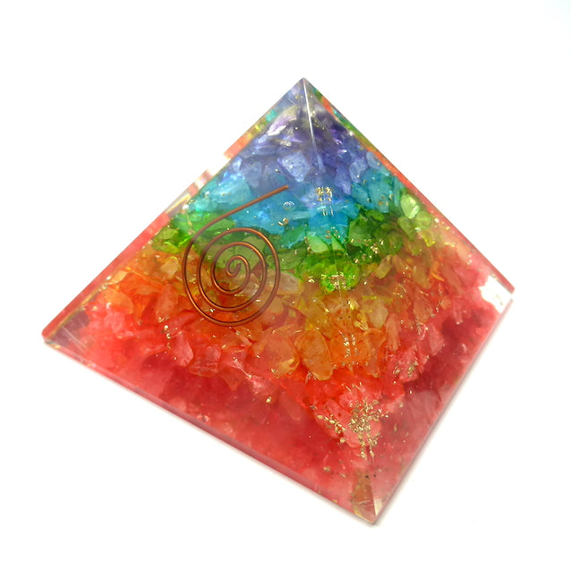 Orgonite Pyramid Chakra Coloured Quartz Chips | Clear Crystal Point conduit in Copper Spiral | Accumulate Orgone Energy | Balance and Energise whole system | Crystal Heart Melbourne Australia since 1986