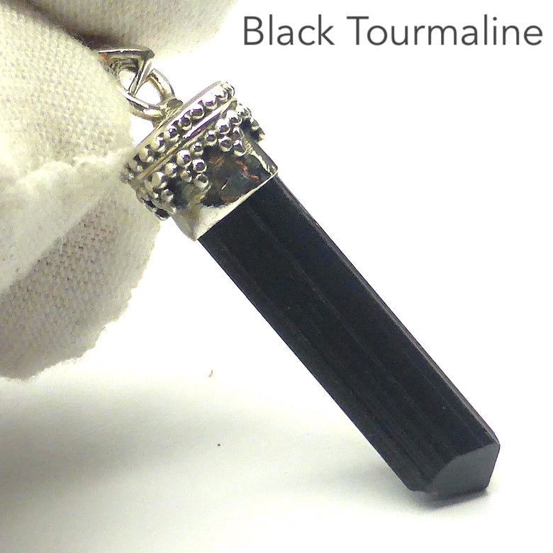 Black Tourmaline Pendant | Raw Stone | Clean Crystal | 925 Sterling Silver Cap | Handcrafted Ethnic Detail | Empowers and unblocks the physical | protection from negative energies | Genuine Gems from Crystal Heart Melbourne Australia since 1986 