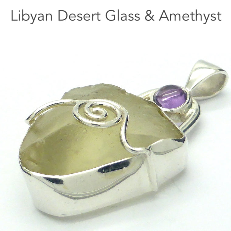 Libyan Golden Tektite Pendant with Amethyst, 925 Silver, r4