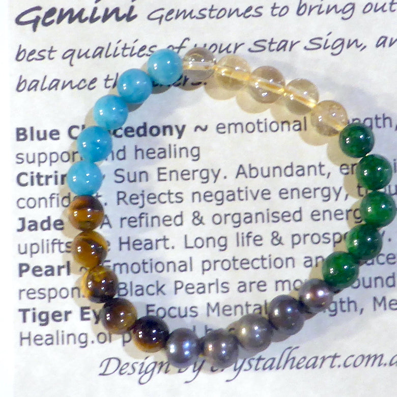 Virgo Astrology Stretch Bracelet | 8mm Beads | Blue Chalcedony | Citrine | Black Pearl | Tiger Eye | Fair Trade Semi Precious Gemstone Bracelets | Genuine Gemstones from Crystal Heart Melbourne Australia since 1986Virgo Astrology Stretch Bracelet | 8mm Beads | Blue Chalcedony | Jade | Black Pearl | Tiger Eye | Fair Trade Semi Precious Gemstone Bracelets | Genuine Gemstones from Crystal Heart Melbourne Australia since 1986
