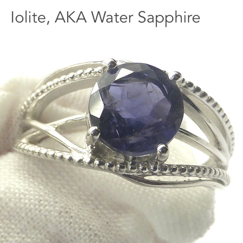 Iolite Ring | Faceted 8 mm Round | Clear Sapphire Blue | Some inclusions | 925 Sterling Silver | Nicely Styled Design |  US Size  5.75 | 7 | 7.75 | Gemstone variety of Cordierite | AKA Water Sapphire | Pleochroic  | Viking Compass | Libra | Find Spiritual Direction | Genuine Gemstones from Crystal Heart Melbourne Australia since 1986