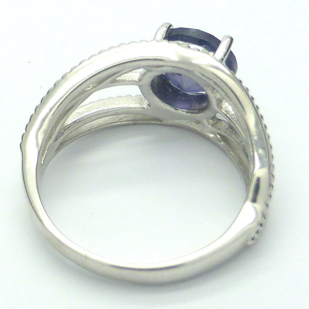 Iolite Ring | Faceted 8 mm Round | Clear Sapphire Blue | Some inclusions | 925 Sterling Silver | Nicely Styled Design |  US Size  5.75 | 7 | 7.75 | Gemstone variety of Cordierite | AKA Water Sapphire | Pleochroic  | Viking Compass | Libra | Find Spiritual Direction | Genuine Gemstones from Crystal Heart Melbourne Australia since 1986