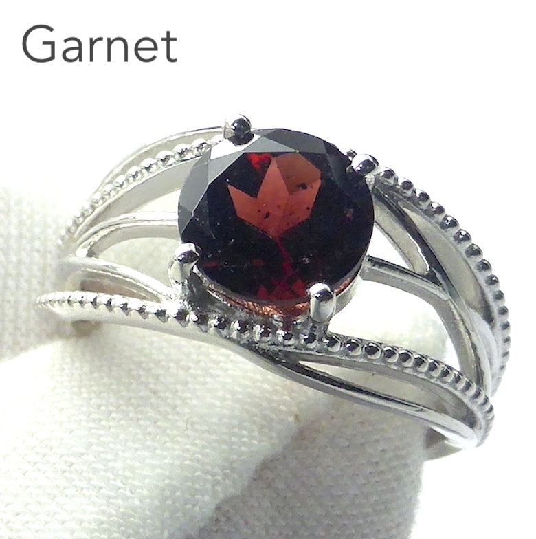 Garnet Ring | Faceted 8 mm Round | Clear Stone, Strong Red | 925 Sterling Silver | Nicely Styled Design |  US Size 6 | 7| 8 | 9 | Warm Friendly Energising Heart  | Genuine Gemstones from Crystal Heart Melbourne Australia since 1986