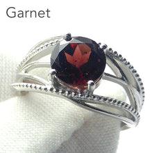 Load image into Gallery viewer, Garnet Ring | Faceted 8 mm Round | Clear Stone, Strong Red | 925 Sterling Silver | Nicely Styled Design |  US Size 6 | 7| 8 | 9 | Warm Friendly Energising Heart  | Genuine Gemstones from Crystal Heart Melbourne Australia since 1986