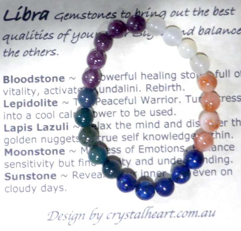 Libra Astrology Stretch Bracelet | 8mm Beads | Bloodstone | Lepidolite | Lapis Lazuli | Moonstone | Sunstone | Fair Trade Semi Precious Gemstone Bracelets | Genuine Gemstones from Crystal Heart Melbourne Australia since 1986