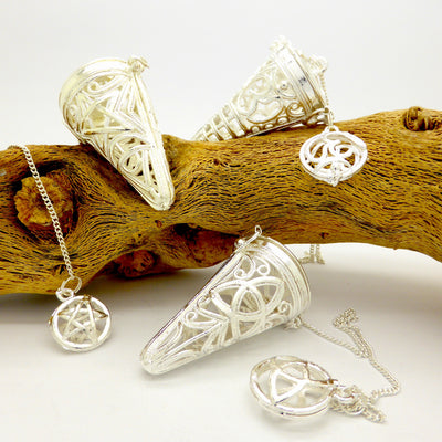 Cage Pendulum | Triquestra Pentacle OM | Silver plated base metal | Crystal Heart Melbourne since 1986