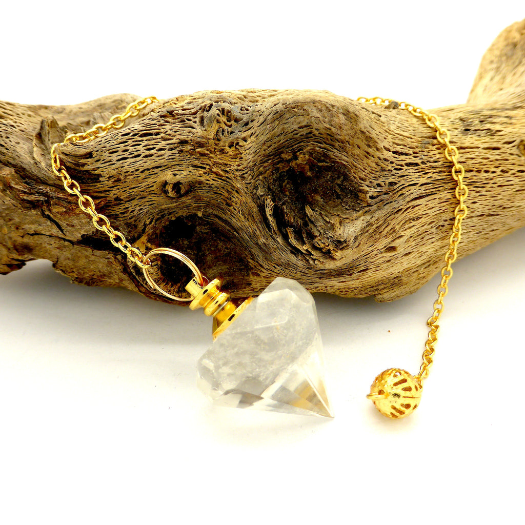 Clear Quartz faceted gold plated Pendulum | Quatermass | Crystal Heart Melbourne Australia since 1986Faceted Clear Quartz Diamond Pendulum |  Gold or Silver plated  | The Quatermass |  Genuine Gems from Crystal Heart Melbourne Australia since 1986