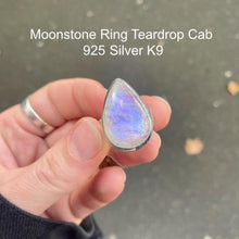 Load image into Gallery viewer, Ring Rainbow Moonstone | Teardrop Cabochon | 925 Silver | Curved besel | Hammered Shank | US Size 8  | Cancer Libra Scorpio | Crystal Heart Melbourne Australia 1986