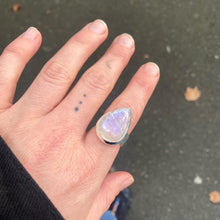 Load image into Gallery viewer, Ring Rainbow Moonstone | Teardrop Cabochon | 925 Silver | Curved besel | Hammered Shank | US Size 8  | Cancer Libra Scorpio | Crystal Heart Melbourne Australia 1986