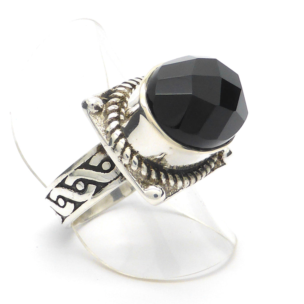 Oval Faceted Onyx Ring | 925 Sterling Silver | Sideways set | Silver nail heads & rope work with Celtic knot engraved shank | Crystal heart Australia since 1986