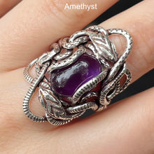 Load image into Gallery viewer, Genuine Amethyst Cabochon Ring | Wrapped in Tantric Twining of Paired Snakes | 925 Sterling Silver | Meditation | Large sizes | Crystal Heart since 1986