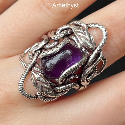 Genuine Amethyst Cabochon Ring | Wrapped in Tantric Twining of Paired Snakes | 925 Sterling Silver | Meditation | Large sizes | Crystal Heart since 1986