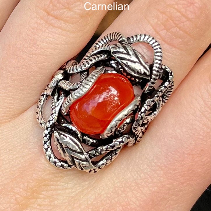 Genuine Carnelian Cabochon Ring | Wrapped in Tantric Twining of Paired Snakes | 925 Sterling Silver | Creativity Stone | Large sizes | Crystal Heart since 1986