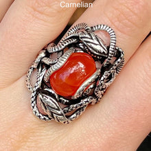 Load image into Gallery viewer, Genuine Carnelian Cabochon Ring | Wrapped in Tantric Twining of Paired Snakes | 925 Sterling Silver | Creativity Stone | Large sizes | Crystal Heart since 1986
