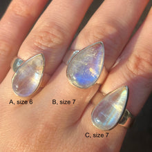 Load image into Gallery viewer, Natural Rainbow Moonstone Ring | Teardrop Cabochon | Good Transparency with Blue Flashes | Emotional Freedom | 925 Sterling Silver |  Cancer Libra Scorpio Stone | Genuine Gems from Crystal Heart Melbourne Australia 1986