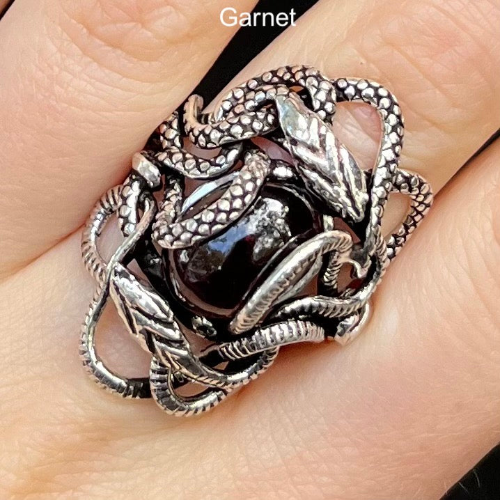Genuine Garnet Cabochon Ring | Wrapped in Tantric Twining of Paired Snakes | 925 Sterling Silver | Passionate Stone | Large sizes | Crystal Heart since 1986