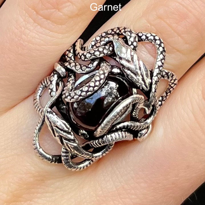 Garnet Snake Ring, Cabochon, 925 Sterling Silver, kG