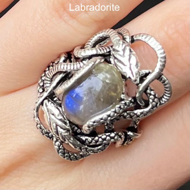 Genuine Labradorite Cabochon Ring | Wrapped in Tantric Twining of Paired Snakes | 925 Sterling Silver | Magic Stone | Large sizes | Crystal Heart since 1986