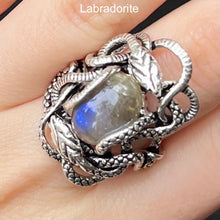 Load image into Gallery viewer, Genuine Labradorite Cabochon Ring | Wrapped in Tantric Twining of Paired Snakes | 925 Sterling Silver | Magic Stone | Large sizes | Crystal Heart since 1986