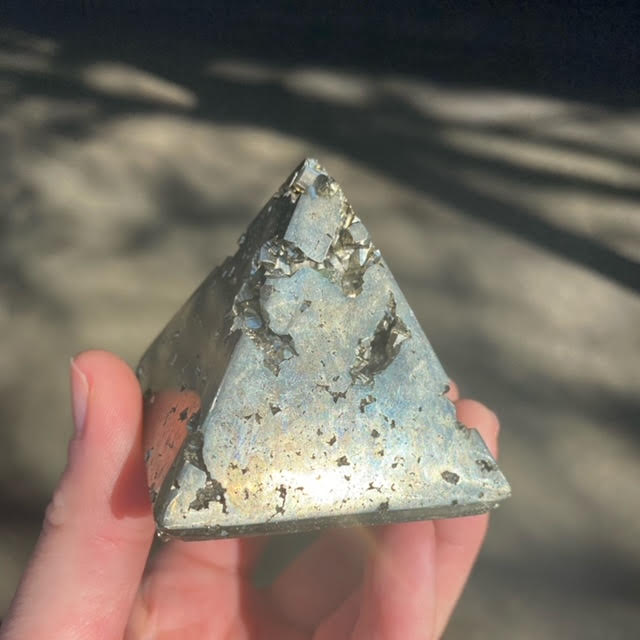 Iron Pyrite Pyramid | Contains natural pockets or caves of well formed Crystals | 60 mm | Genuine Gems from Crystal Heart Melbourne Australia since 1986