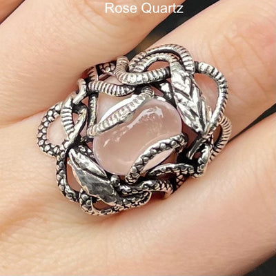 Genuine Rose Quartz Cabochon Ring | Wrapped in Tantric Twining of Paired Snakes | 925 Sterling Silver | Love Rock | Heart | | Large sizes | Crystal Heart since 1986