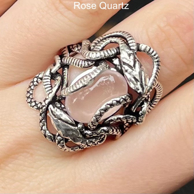 Rose Quartz Snake Ring, Cabochon, 925 Sterling Silver, kRQ