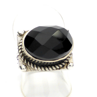 Oval Faceted Onyx Ring | 925 Sterling Silver | Sideways set | Silver nail heads & rope work with Celtic knot engraved shank | Crystal heart Australia since 1986